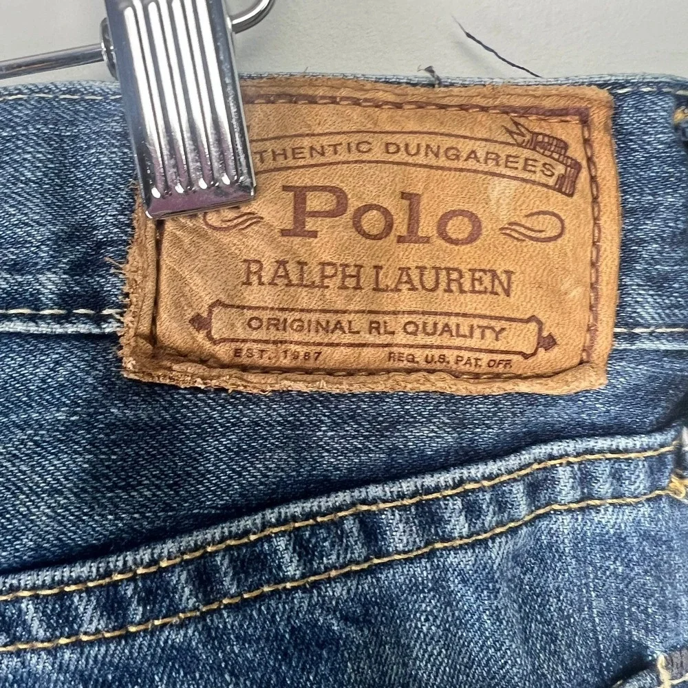 VTG Y2K Polo Ralph Lauren Mens Jeans Straight Leg 35x32 Preppy Leather Patch 90s